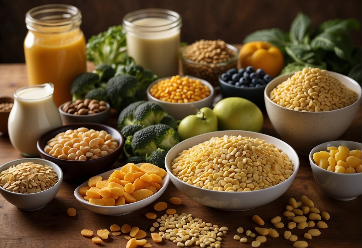 A colorful array of plant-based foods rich in vitamin B12, such as fortified cereals, nutritional yeast, and plant-based milk, are arranged on a table