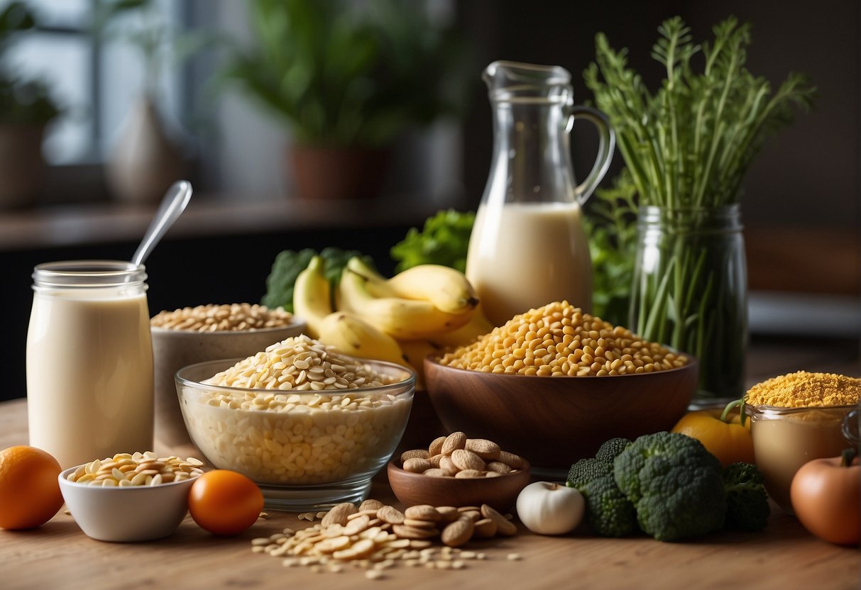 A colorful array of plant-based foods rich in Vitamin B12, such as fortified cereals, soy milk, nutritional yeast, and leafy greens, arranged on a table