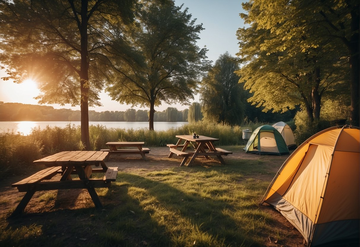 A serene campsite nestled in Donaupark, surrounded by lush greenery and the gentle flow of the Danube River
