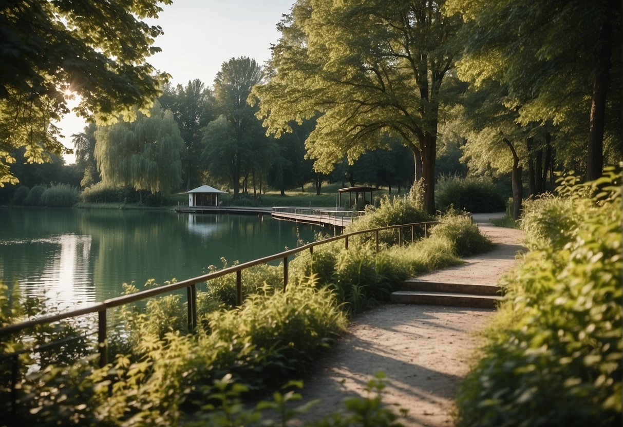 A serene scene at Donaupark Camping Tulln, with lush greenery, a winding river, and sustainable facilities