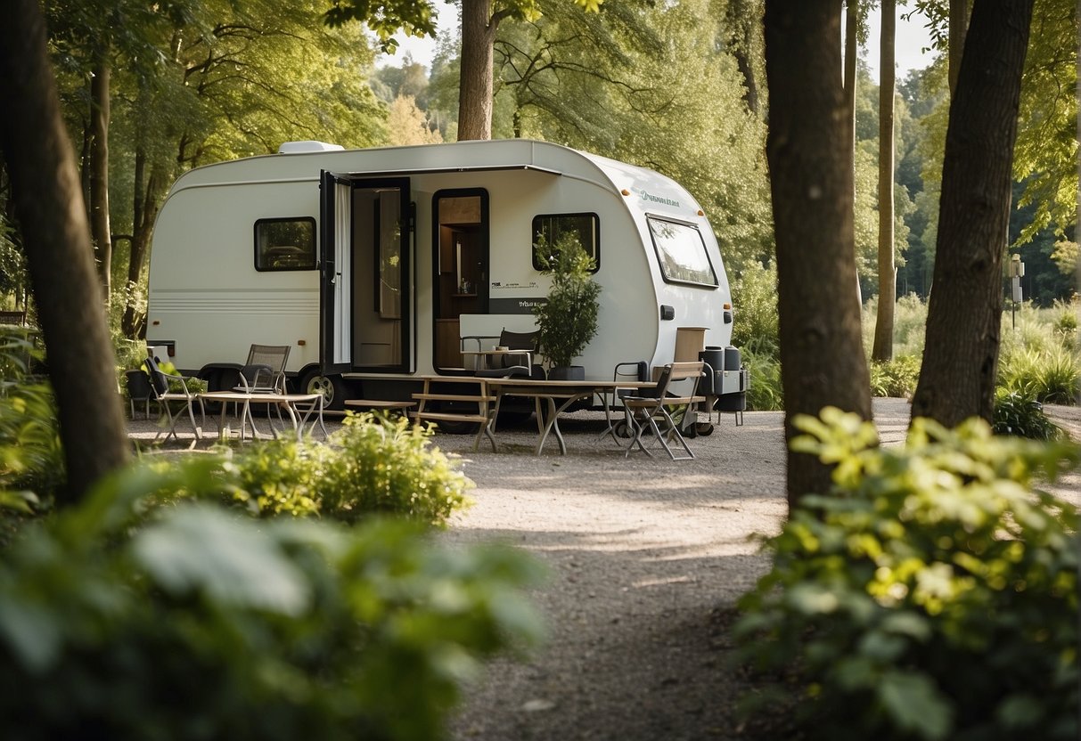 The scene depicts the sustainable facilities and services at Donaupark Camping Tulln, set amidst a lush and serene environment, showcasing a harmonious blend of nature and modern amenities
