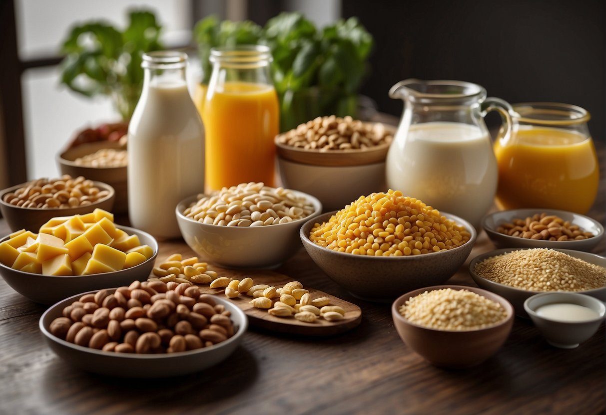 A variety of vegetarian foods rich in Vitamin B12 arranged on a table, including fortified cereals, plant-based milks, nutritional yeast, and fortified meat substitutes