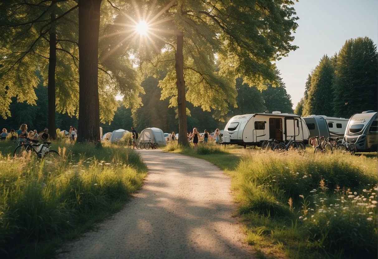 A serene scene at Donaupark Camping Tulln, with lush greenery, cycling paths, and families enjoying outdoor activities