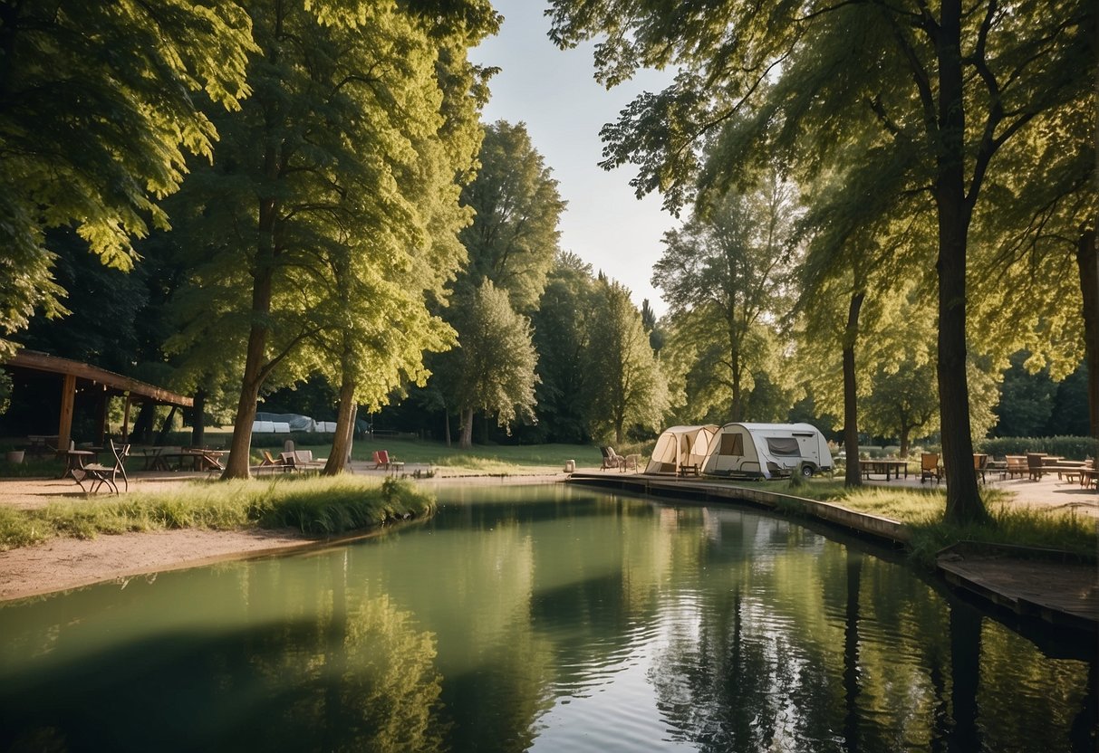 A serene scene at Donaupark Camping Tulln, with lush greenery, a tranquil river, and sustainable facilities for guests to enjoy a sustainable holiday