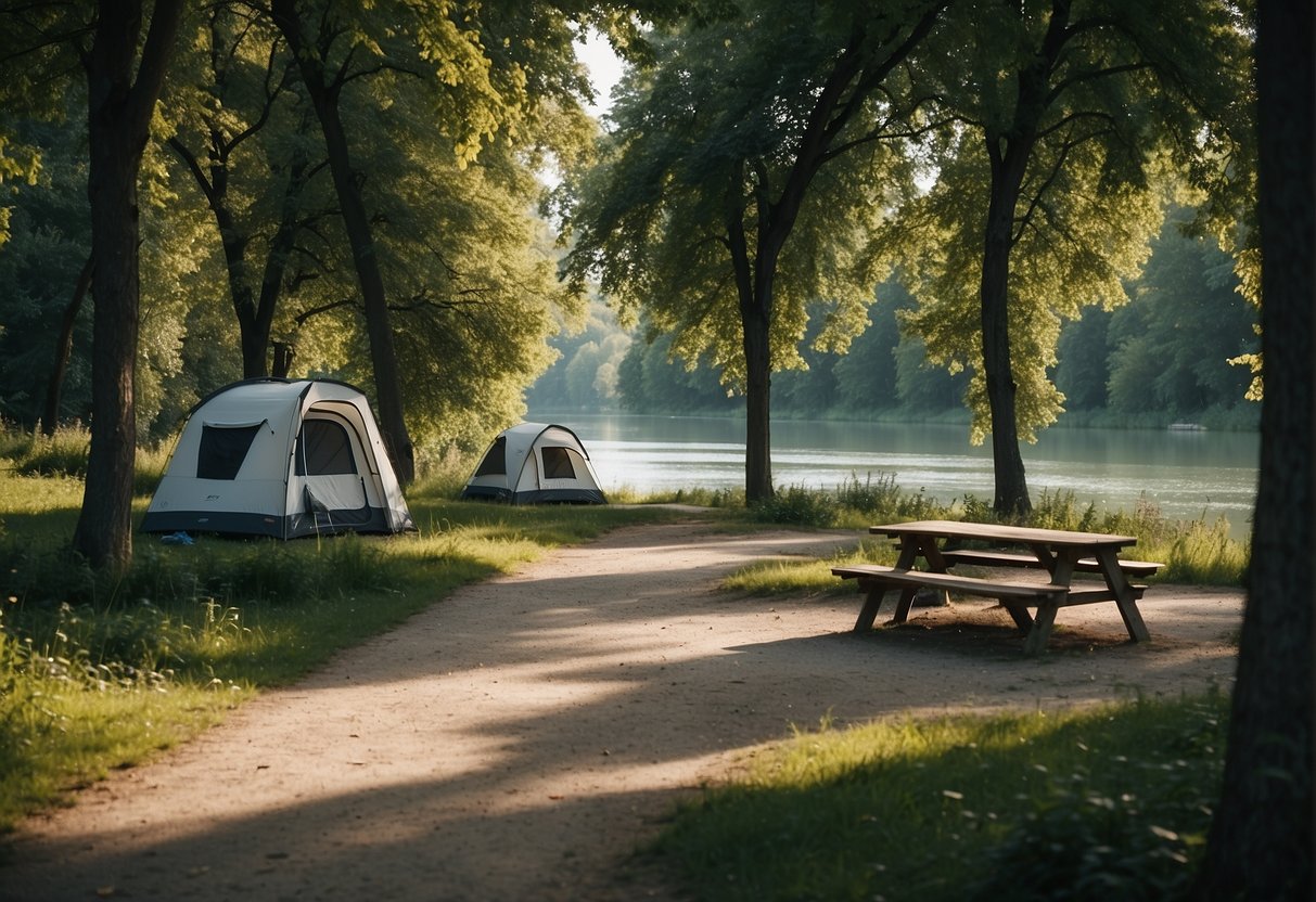 A serene campsite nestled in Donaupark Tulln, surrounded by lush greenery and the gentle flow of the Danube River
