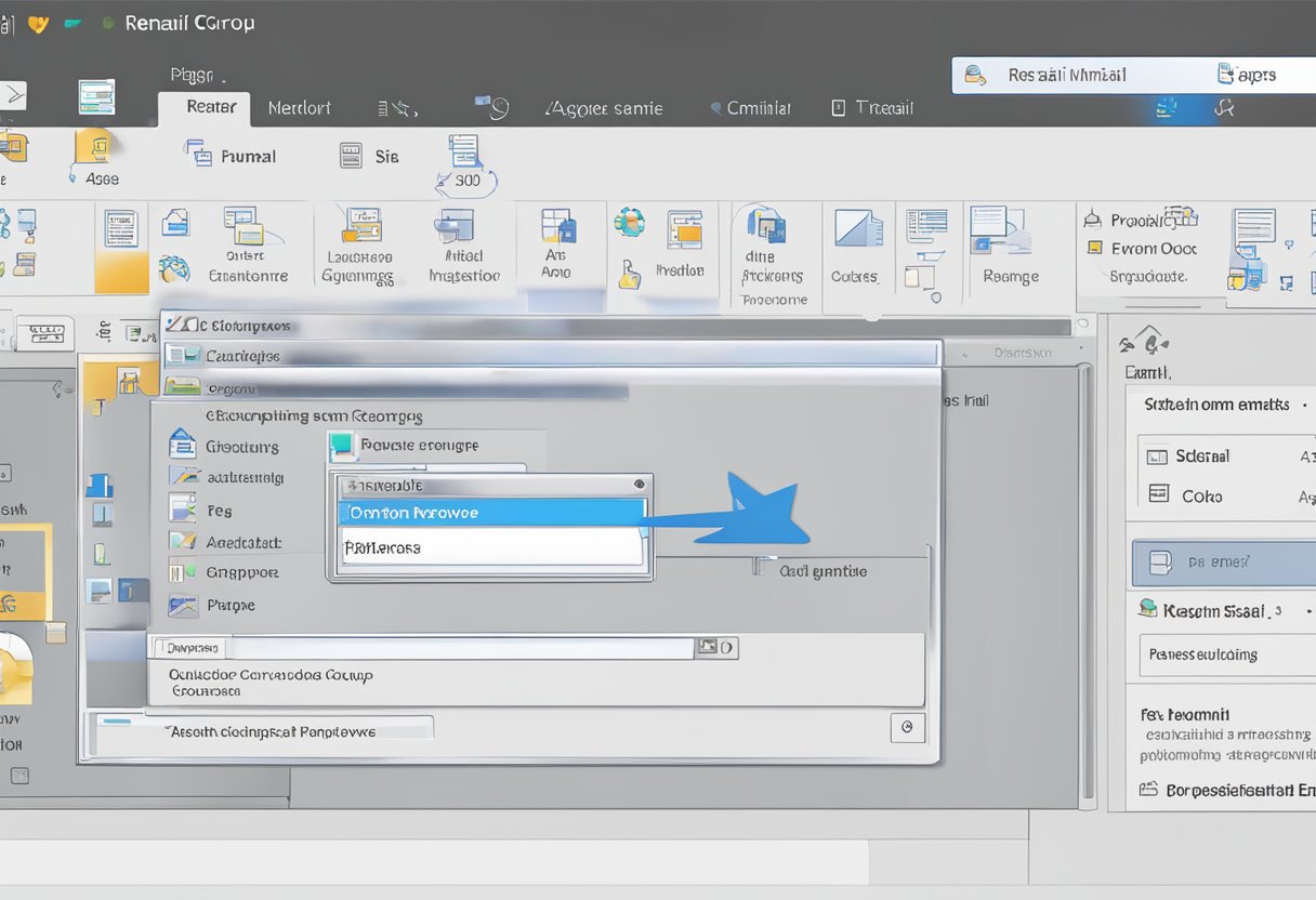 A computer screen displaying the Outlook interface with a cursor clicking on the "Groups" tab, then selecting the option to remove oneself from an email group