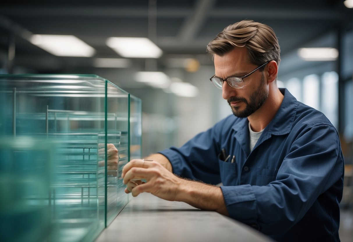 A glass technician carefully examines common, tempered, and laminated glass options