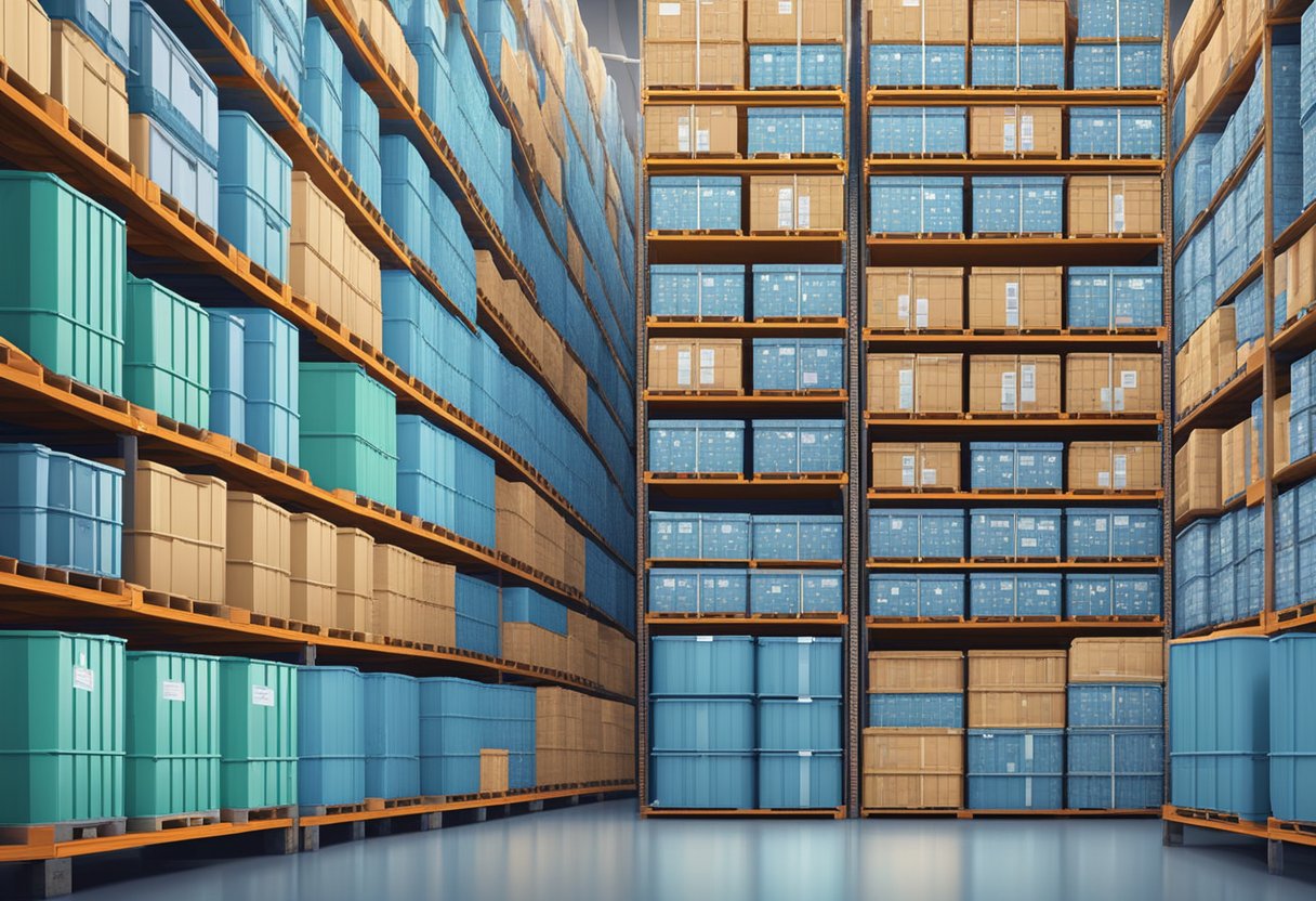 A warehouse with labeled containers of 4-methylthio acetophenone, a supplier in India, stacked neatly on shelves