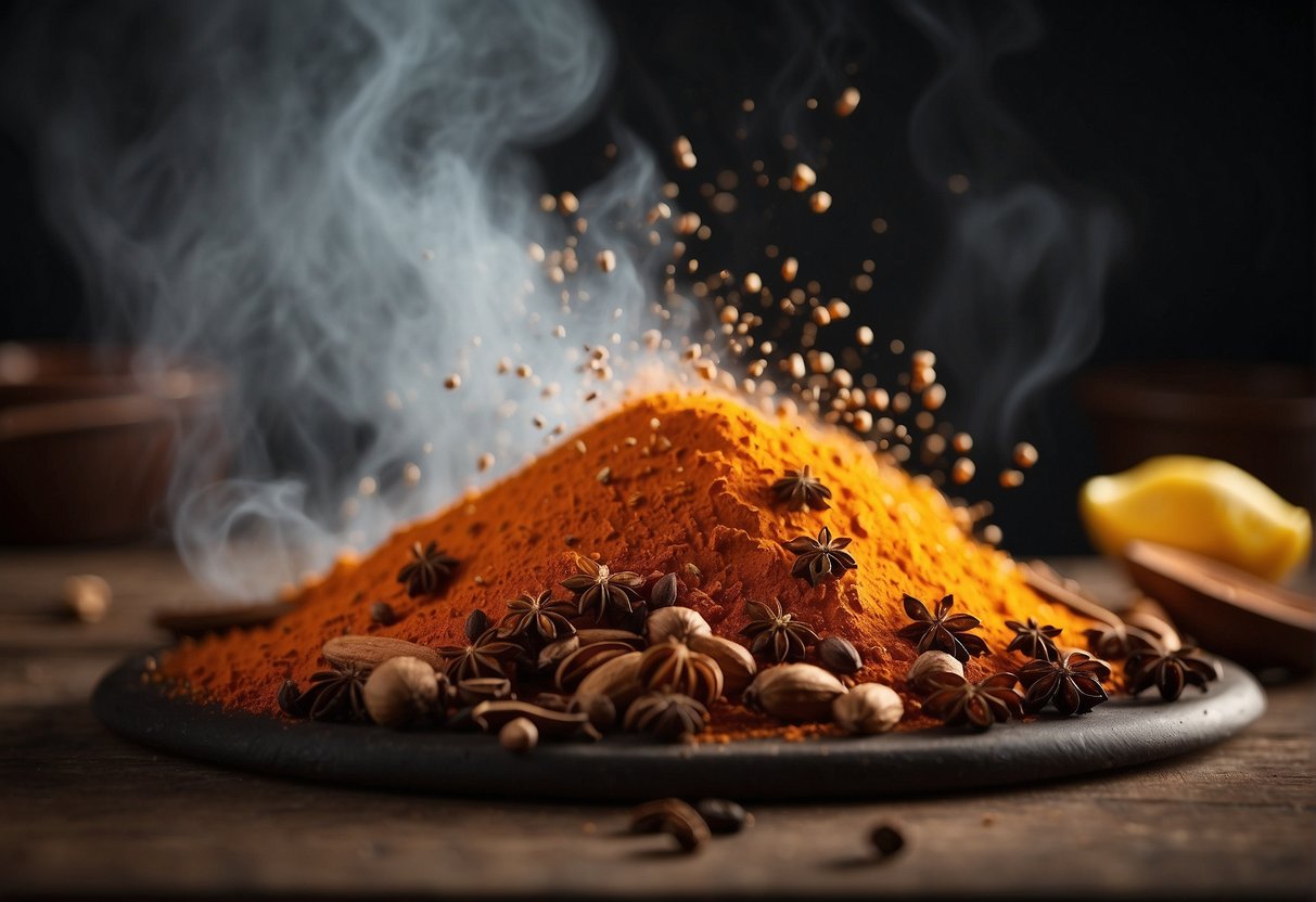 A fiery explosion of spices and smoke, with a hint of sweetness lingering in the air