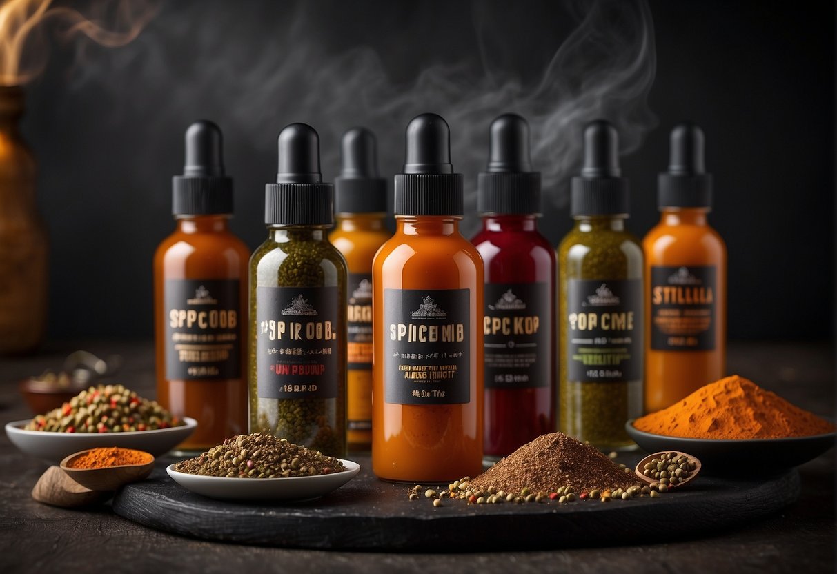 A table with various spicebomb extreme products arranged in a visually appealing manner, with dramatic lighting to highlight the packaging and details