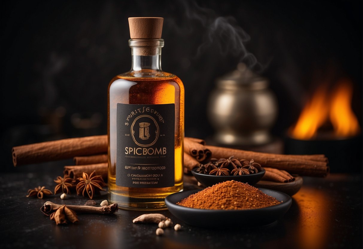 A bottle of Spicebomb Extreme sits on a dark, textured surface surrounded by warm, spicy ingredients like cinnamon, pepper, and tobacco