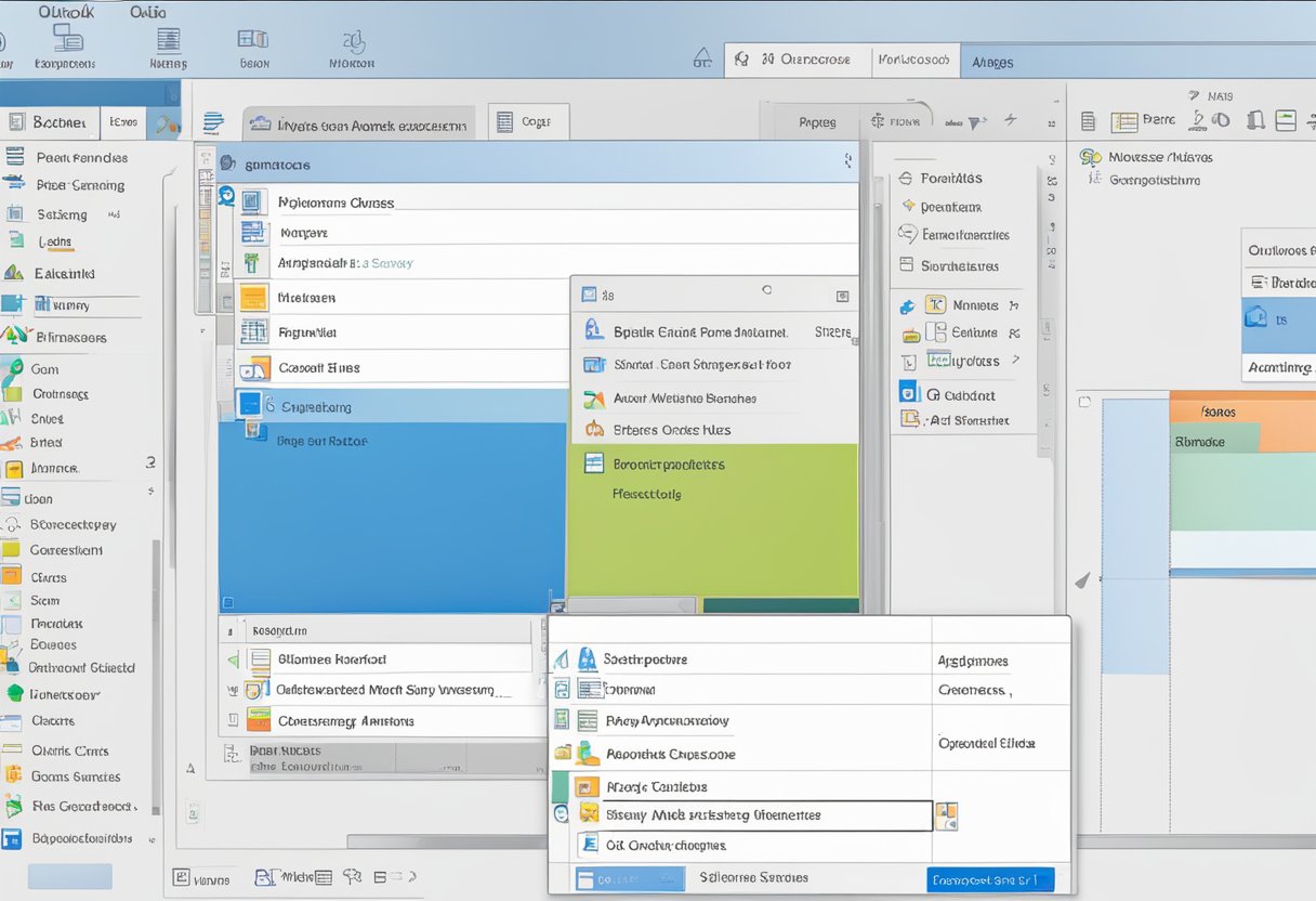 Outlook interface with categories tab open. Mouse clicking on "Sort by category" option. Color-coded emails displayed in separate sections