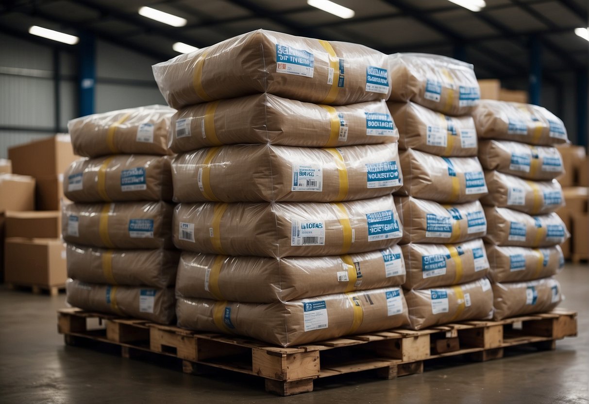Bulk bags stacked neatly on pallets, with clear signage and pricing, in a spacious warehouse setting
