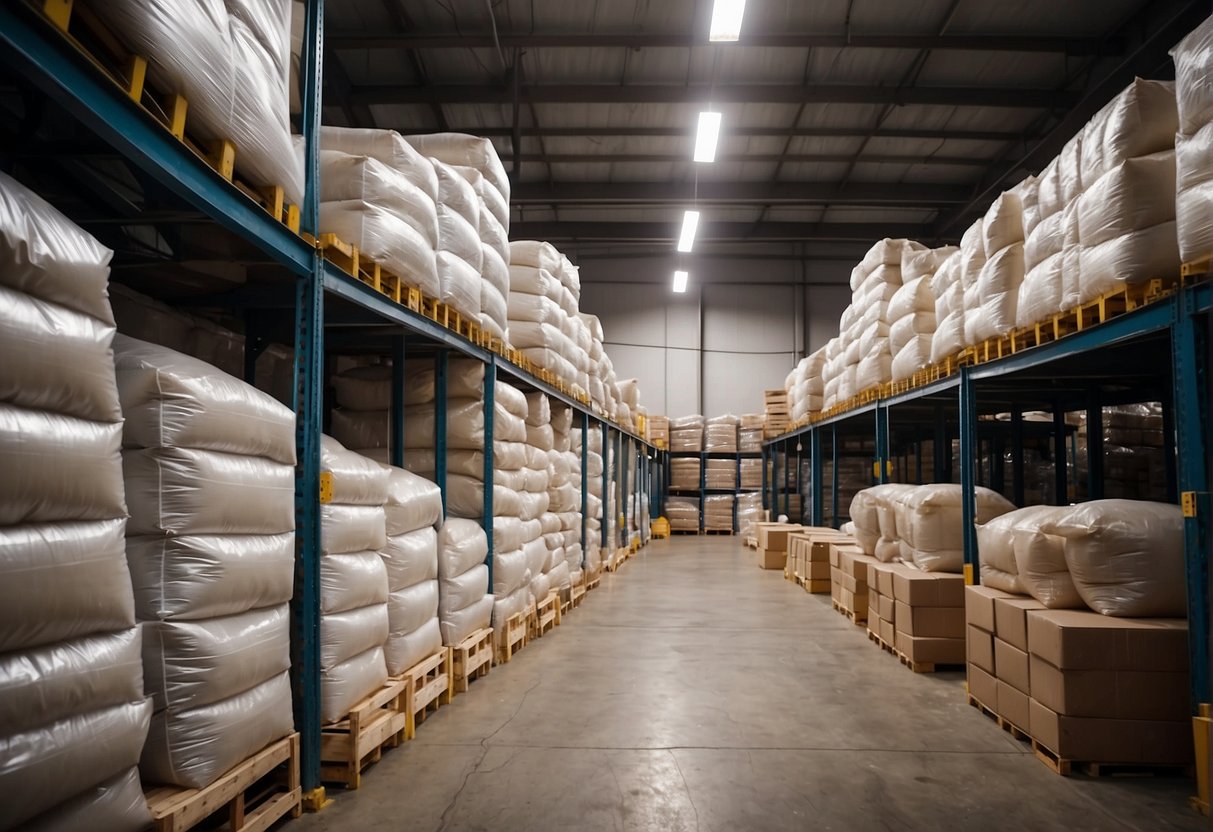 A warehouse filled with various types of bulk bags, showcasing features such as different sizes, colors, and lifting options