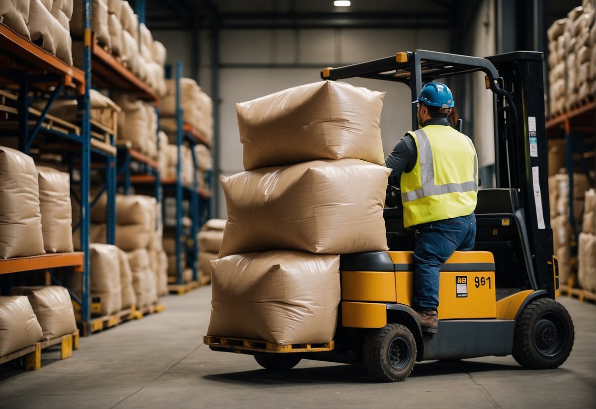 A warehouse worker loads bulk bags onto a forklift, then transports them to a storage area. Another worker uses a forklift to retrieve a bulk bag for sale