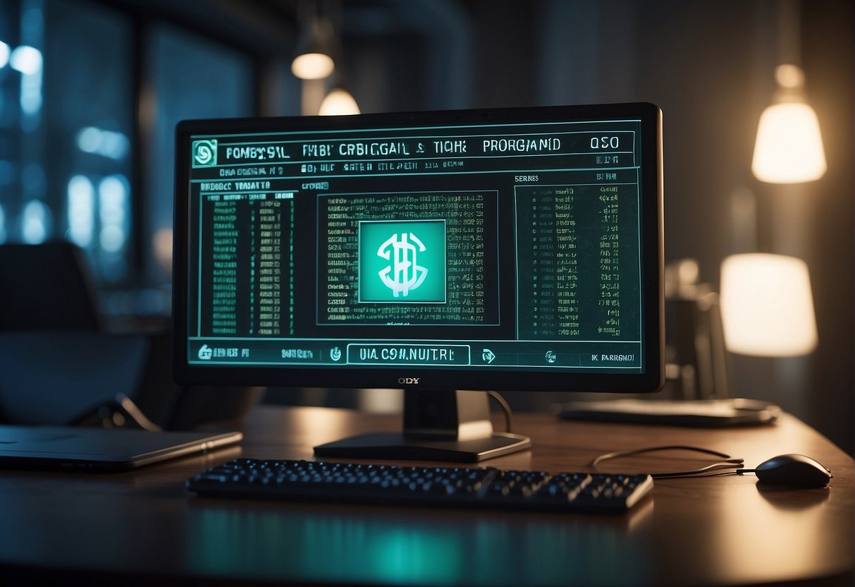 A computer screen displays a fake AI program promising easy money, while a warning sign flashes in the background