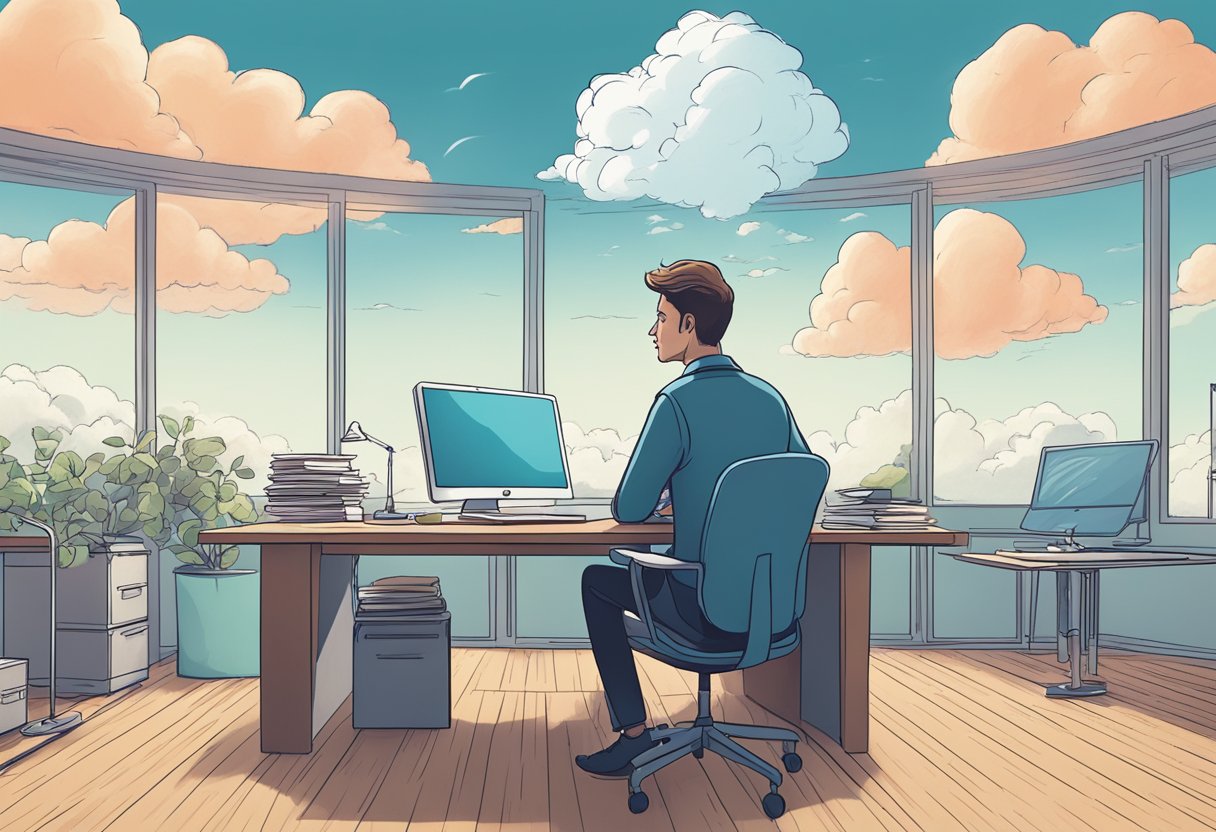 A person sits at a desk, pondering career choices. A cloud hovers over one option with a poor outlook, while other paths shine brightly