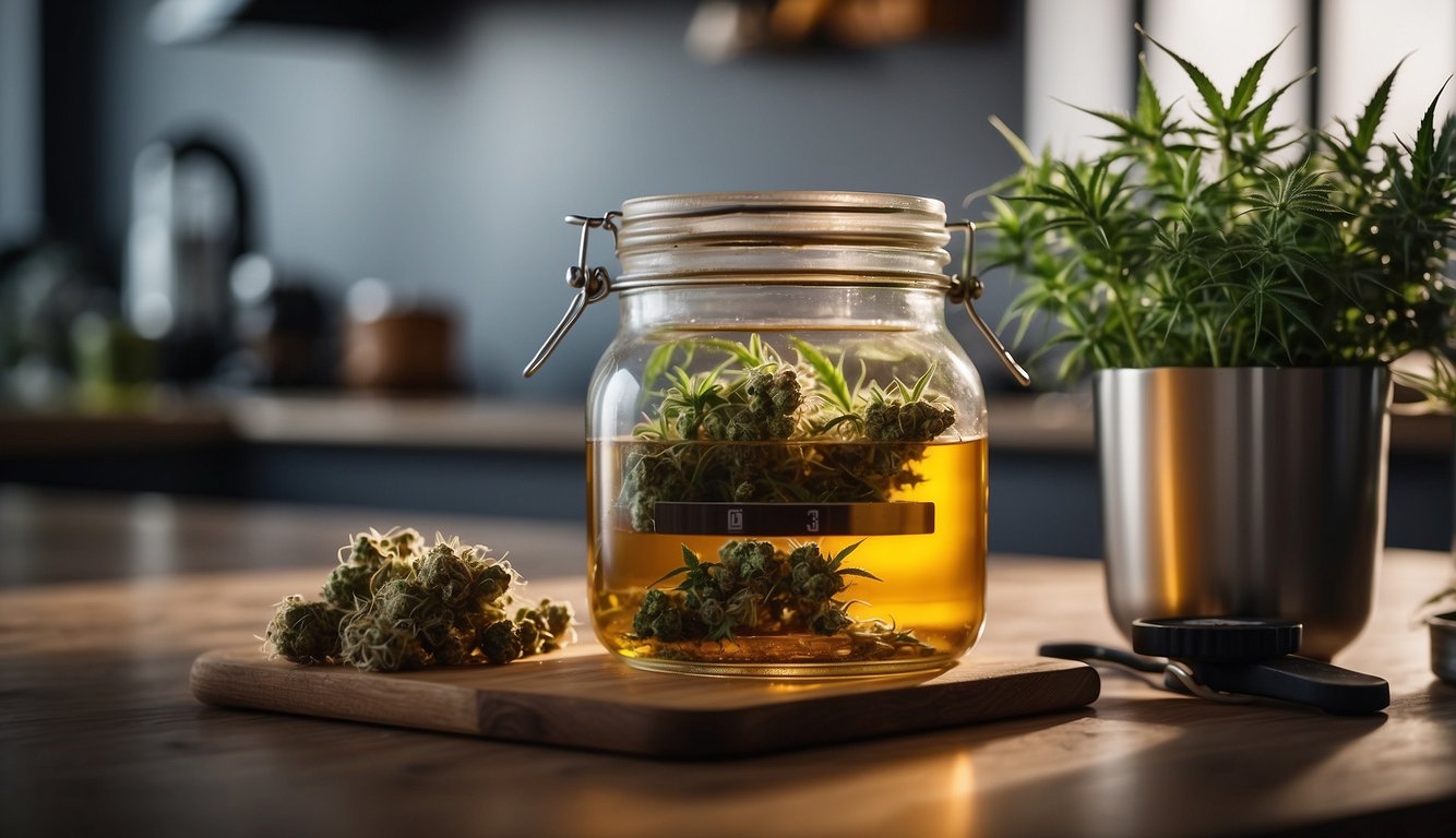 A glass jar filled with cannabis and alcohol sits on a countertop. A thermometer measures the temperature as the mixture undergoes decarboxylation