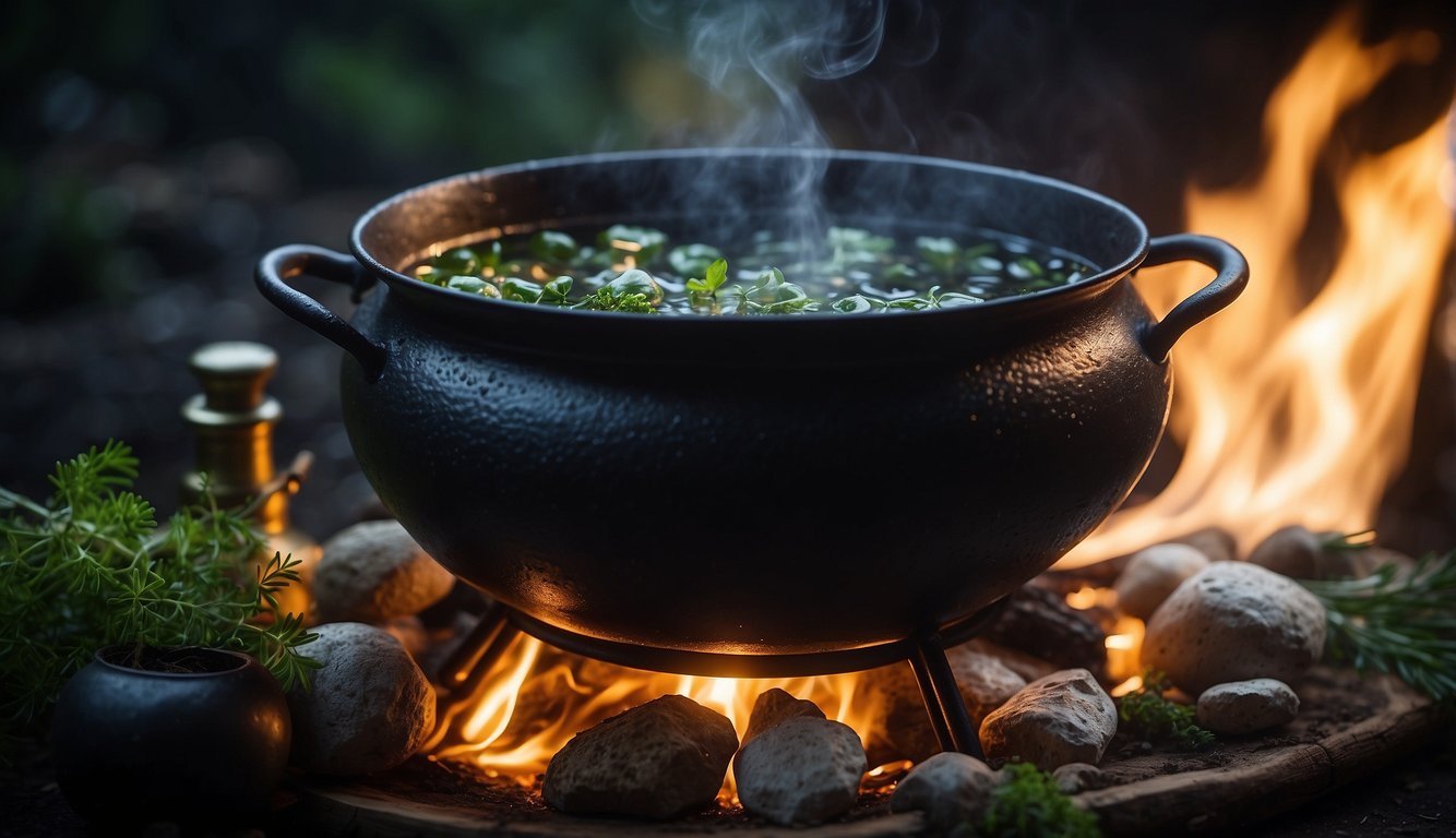 A cauldron bubbles over a crackling fire, filled with swirling, shimmering liquid. Herbs and botanicals are carefully added, infusing the potion with mystical properties