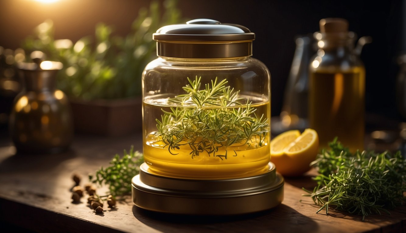 The MagicalButter Machine mixes herbs and oil, creating a golden tincture in a glass jar. A shimmering glow emanates from the jar, hinting at its magical properties