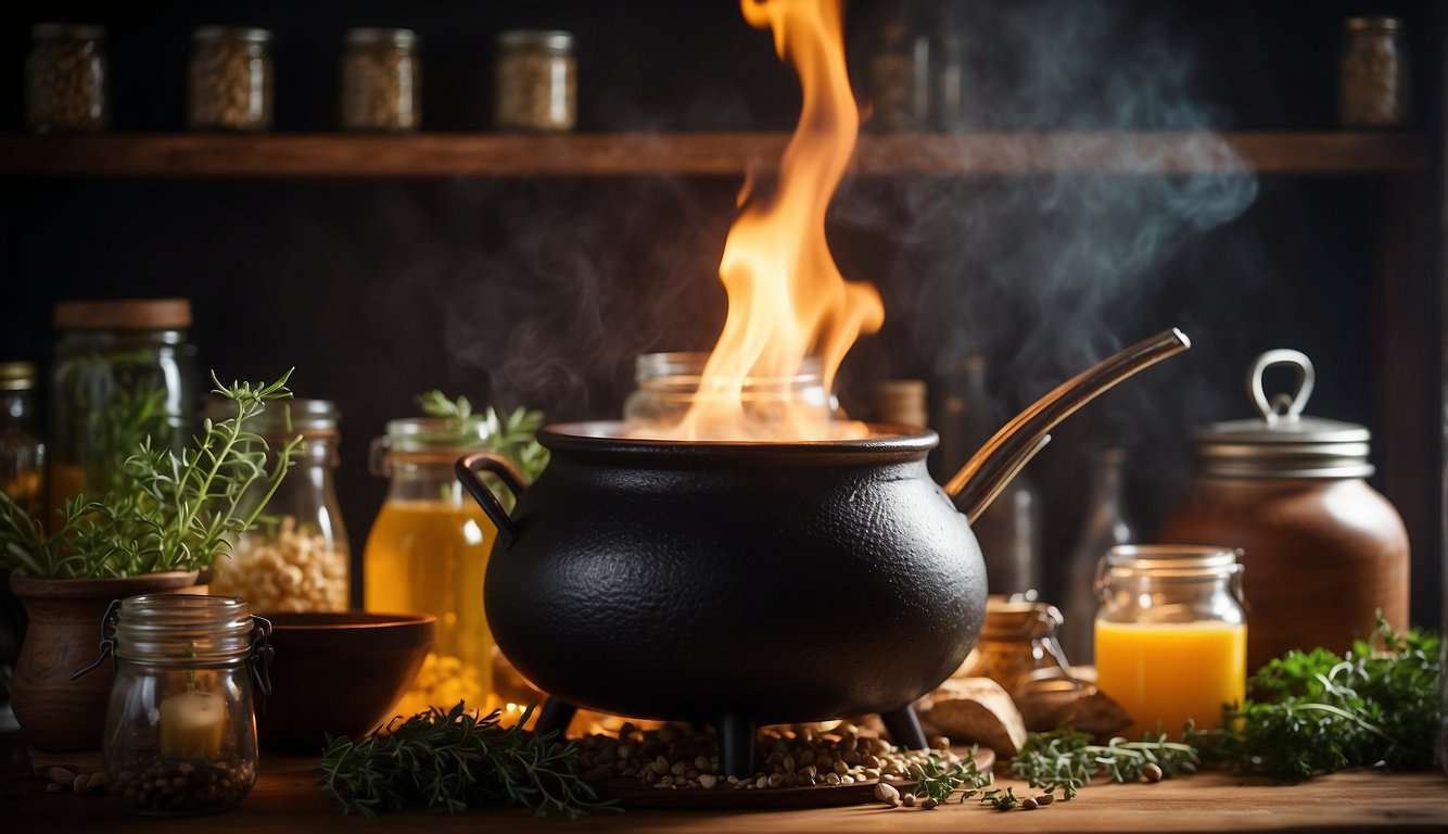 A cauldron bubbling over an open flame, filled with herbs and liquids being mixed together with a wooden spoon. A shelf lined with glass jars and labeled ingredients in the background