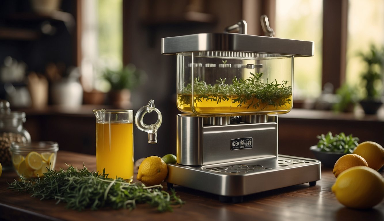 A hand pours liquid into a magical butter machine, followed by adding herbs and setting the timer for tincture recipe