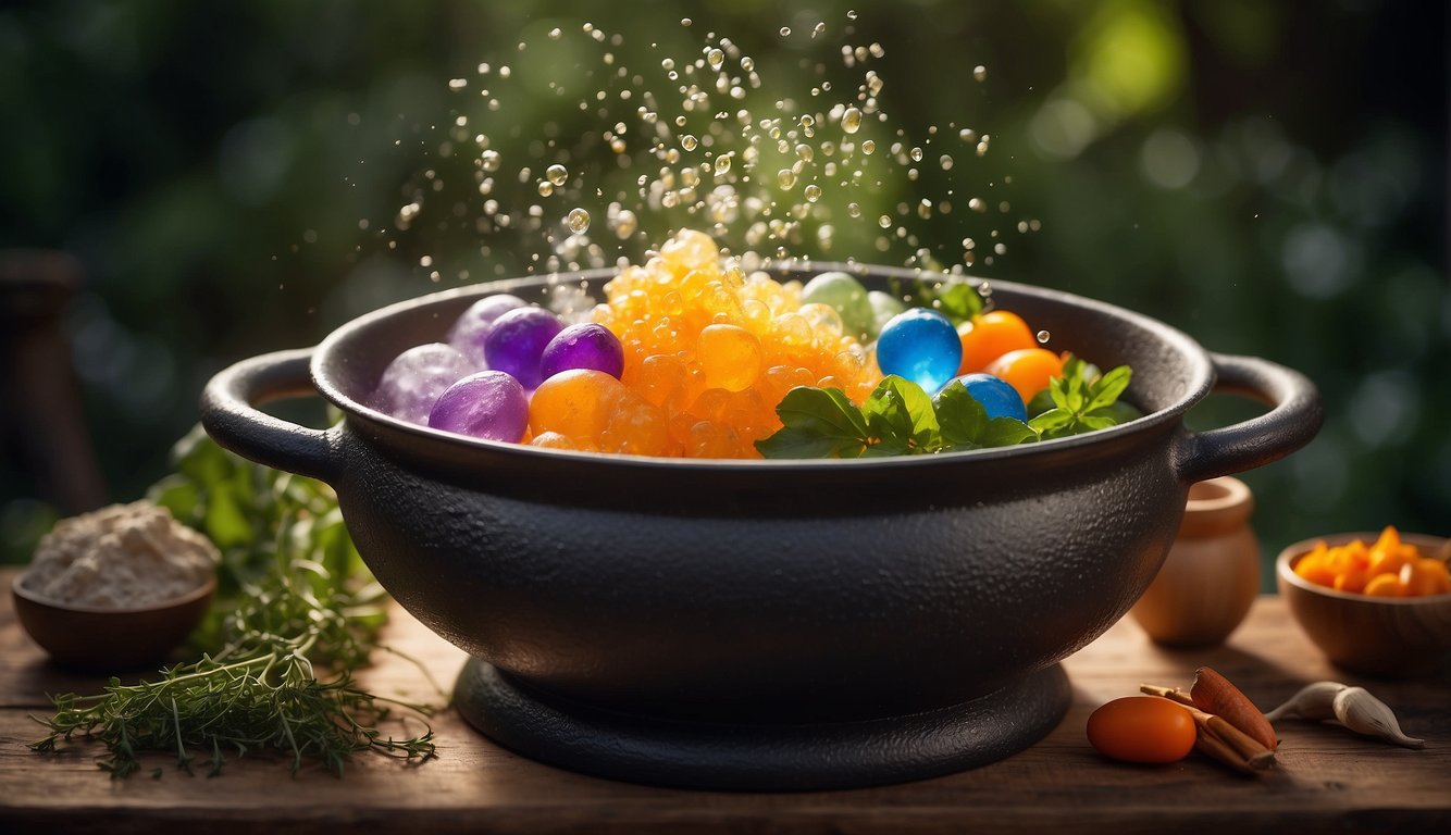 A cauldron bubbles with colorful ingredients, as a mortar and pestle grind magical herbs. A book of ancient recipes lies open on the table