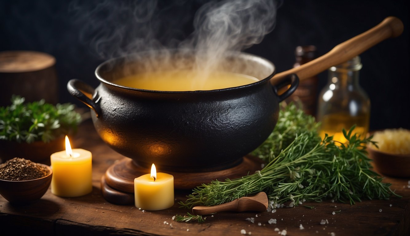 A cauldron bubbling with herbs and butter, a wooden spoon stirring the potion. A book of magical tincture recipes lies open on the table