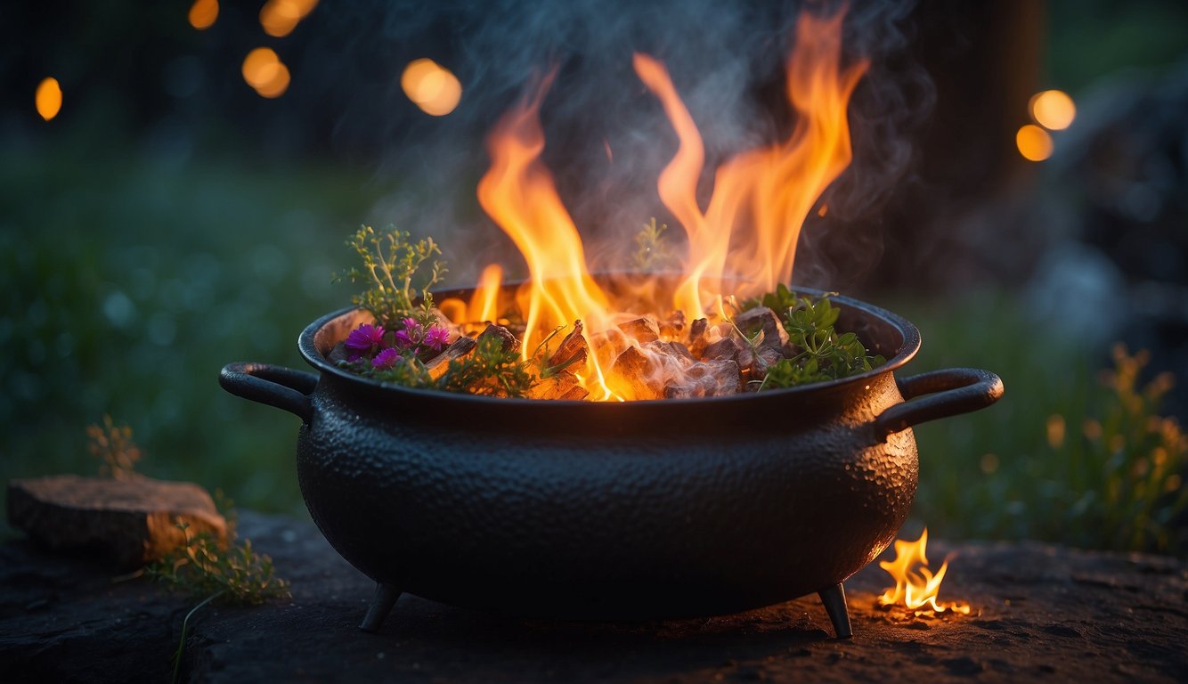 A cauldron bubbles over a crackling fire, filled with colorful herbs and a bubbling liquid. A mystical glow emanates from the potion as it simmers, creating an enchanting atmosphere
