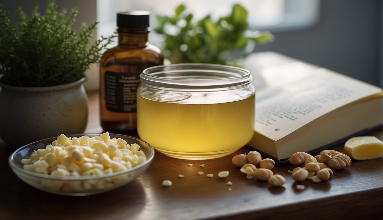 A magical butter tincture recipe book open on a kitchen counter with ingredients and a mixing bowl nearby