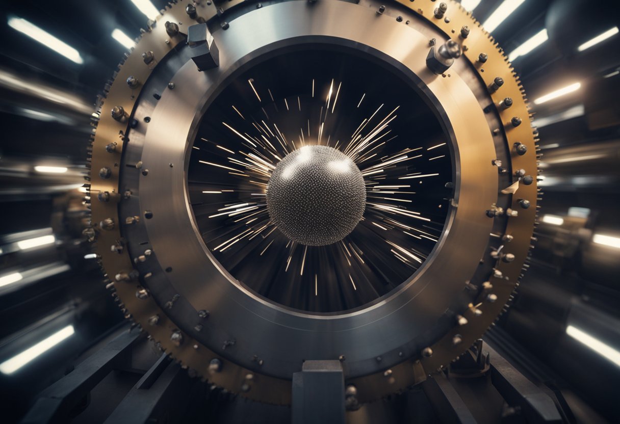 A ball mill rotates, crushing materials inside a cylindrical chamber. Sparks fly as metal balls collide with the inner surface, creating a dynamic and industrial scene