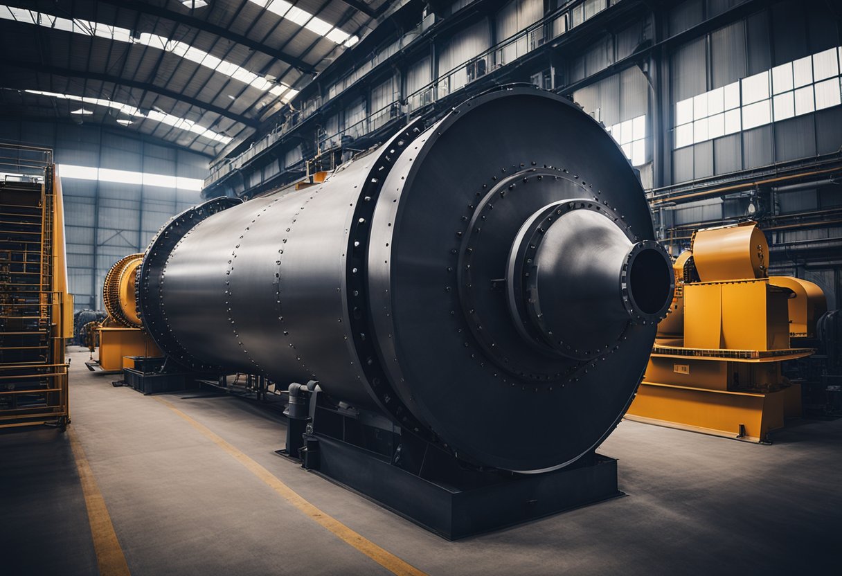 A large ball mill sits in a factory, surrounded by conveyor belts and industrial machinery. It is made of steel and has a cylindrical shape with metal grinding balls inside