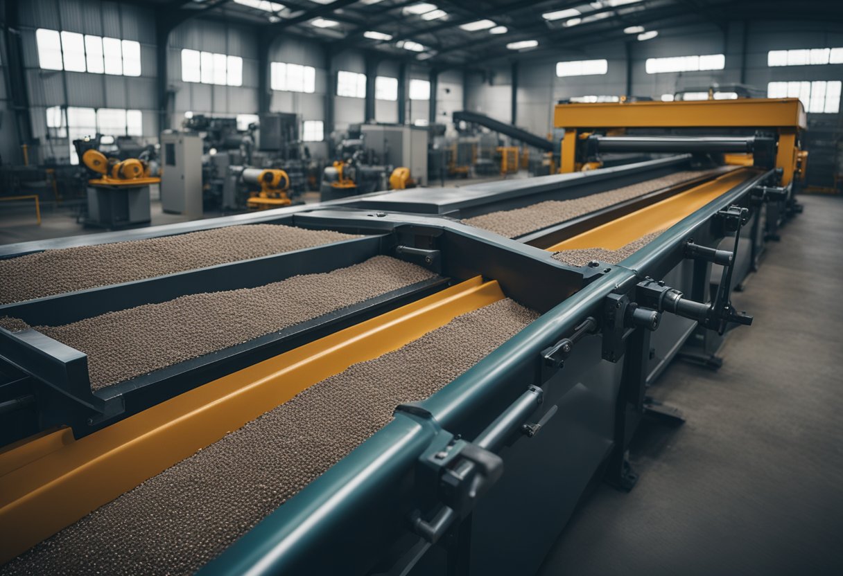 Machines grind raw materials in a large industrial space, with conveyor belts and pipes running throughout the factory