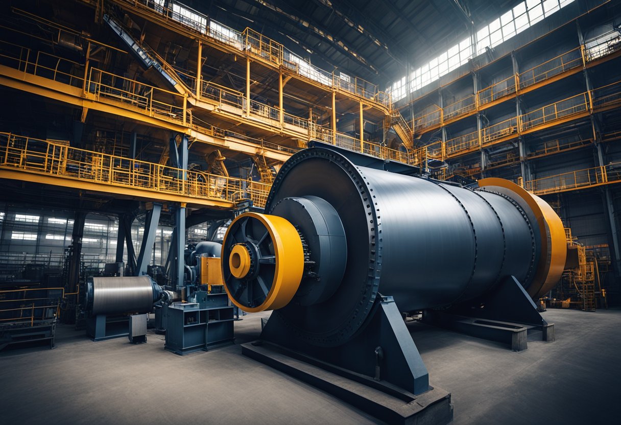 A ball mill rotates inside a large industrial factory, with conveyor belts and machinery surrounding it