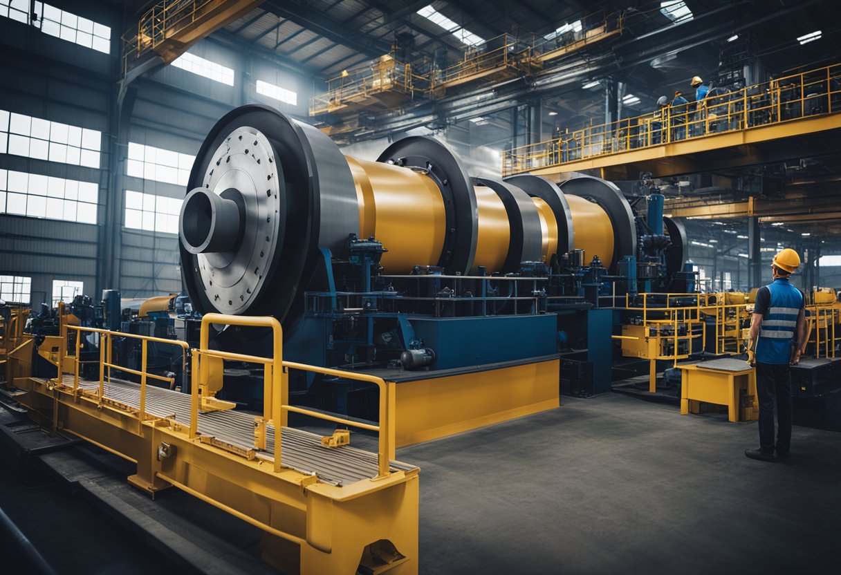 A ball mill factory with conveyor belts, large industrial machines, and workers assembling components