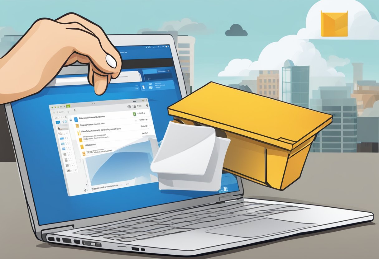 A laptop screen displaying the Microsoft Outlook application being dragged into the trash bin on a Mac desktop