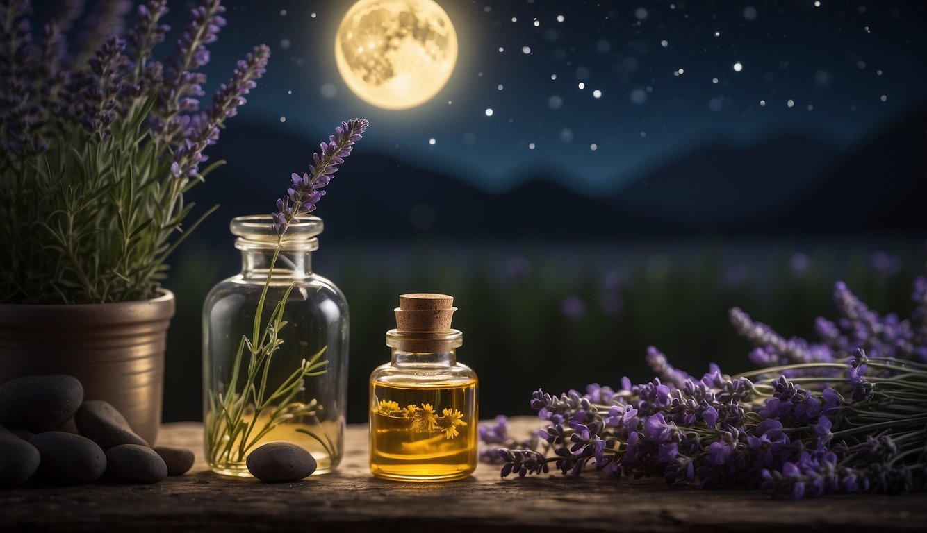 A tranquil night scene with a crescent moon, stars, and a bottle of Sleep Drops surrounded by calming herbs like lavender and chamomile