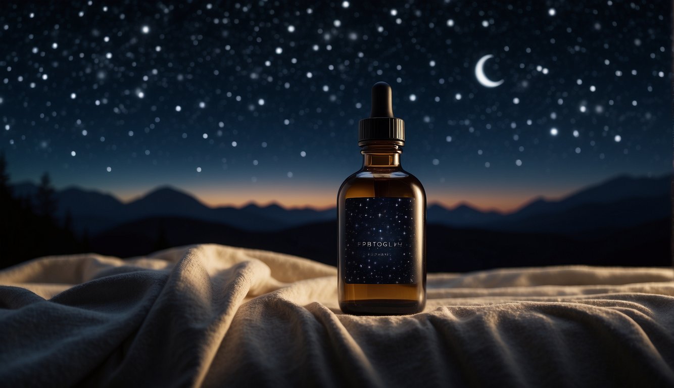 A serene night sky with a crescent moon and twinkling stars, alongside a peaceful sleeping environment with a comfortable bed and a bottle of Sleep Drops on a nightstand