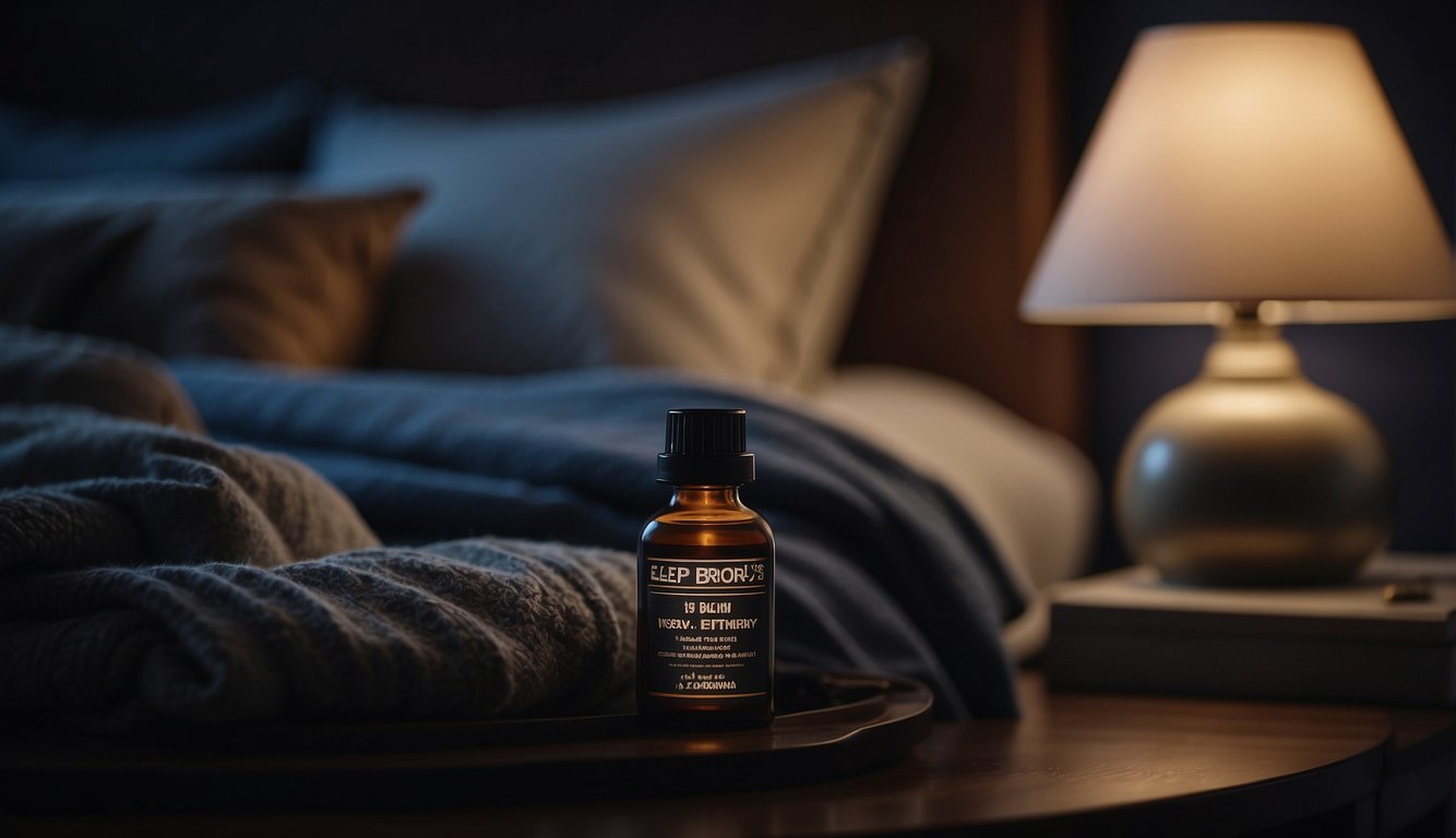 A bottle of sleep drops sits on a nightstand, surrounded by a cozy bed, dim lighting, and a peaceful atmosphere