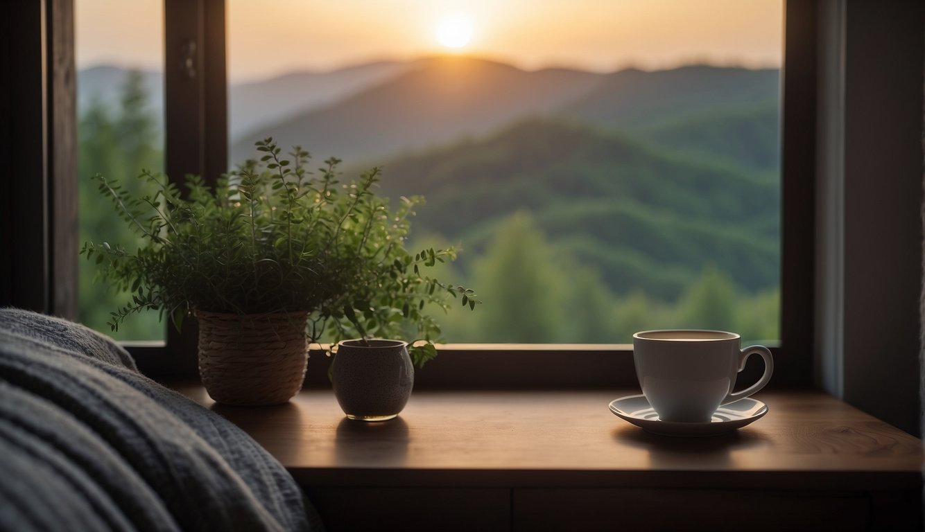 A cozy bedroom with a dimly lit bedside table, a warm cup of herbal tea, and a peaceful view of nature outside the window