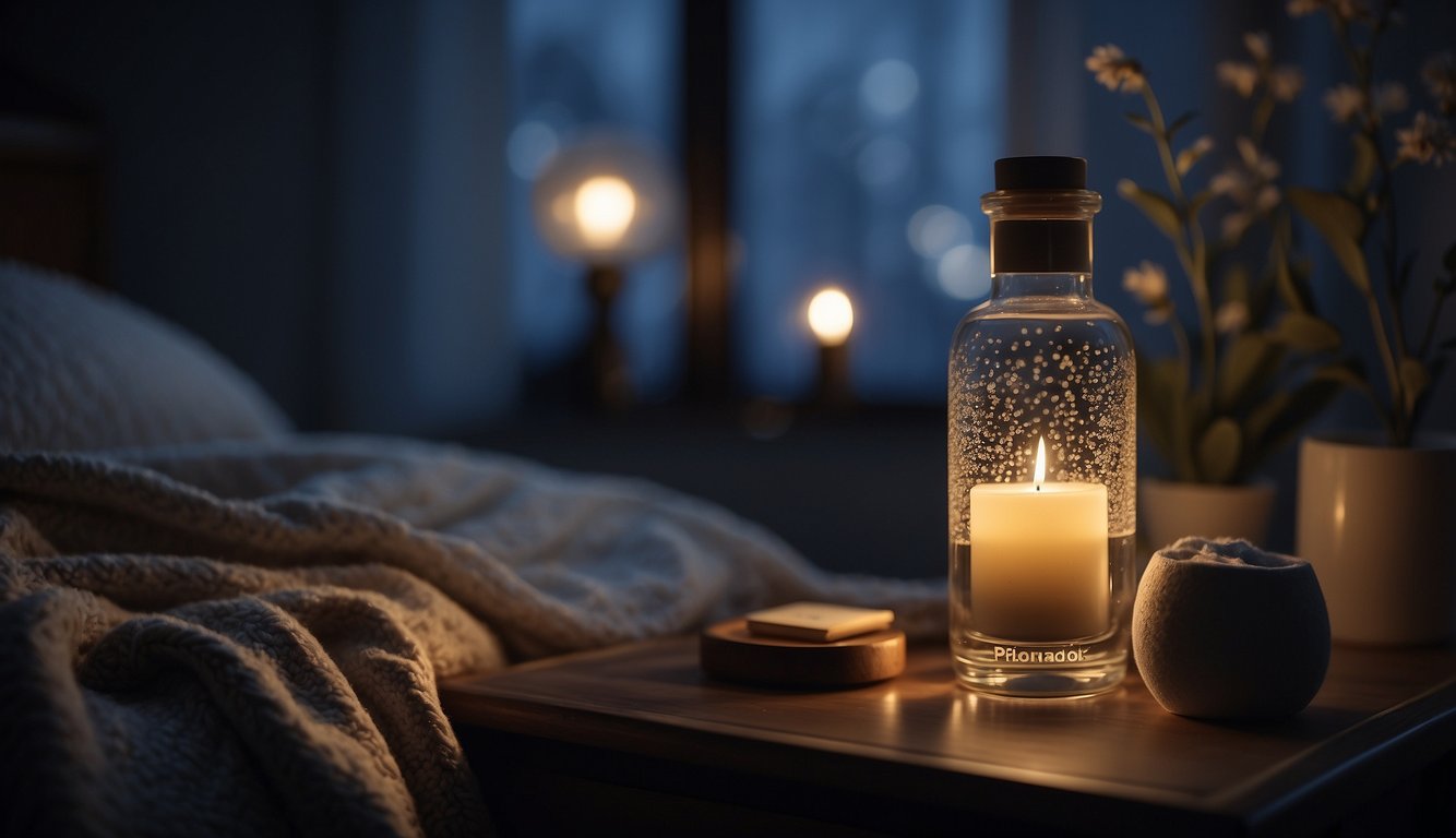 A bottle of "Special Considerations Sleep Drops" sits on a nightstand beside a cozy bed, with a soft pillow and warm blanket. The moonlight streams through the window, creating a peaceful and serene atmosphere