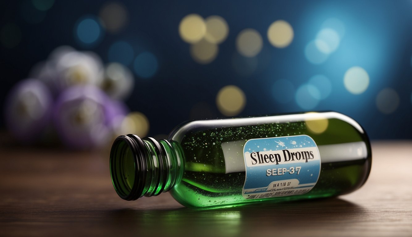 A bottle of sleep drops with certification logos and standards symbols displayed prominently on the label