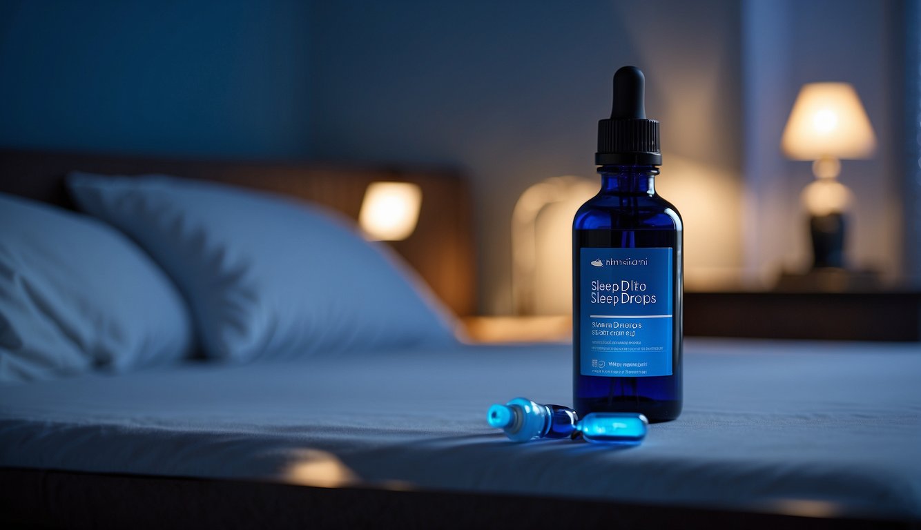 A bottle of sleep drops sits on a bedside table, surrounded by a calming blue light. The label prominently displays regulatory and safety information