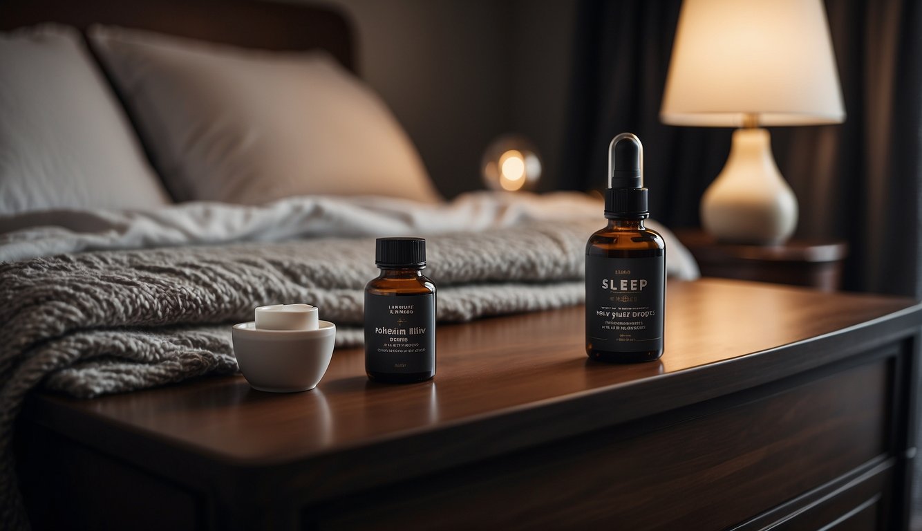 A bottle of sleep drops sits on a nightstand next to a cozy bed, surrounded by soft pillows and a warm blanket