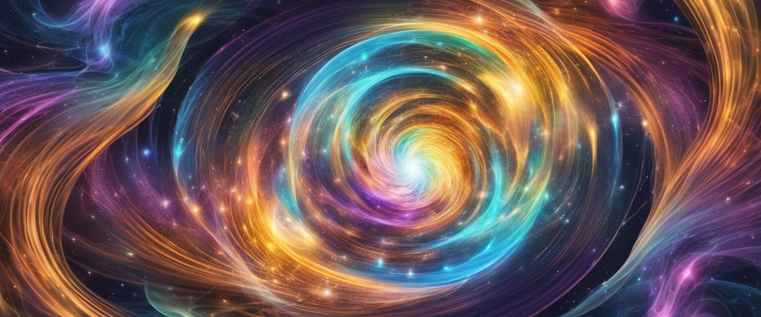 A swirling vortex of colorful energy emanates from a central point, surrounded by abstract symbols representing quantum concepts