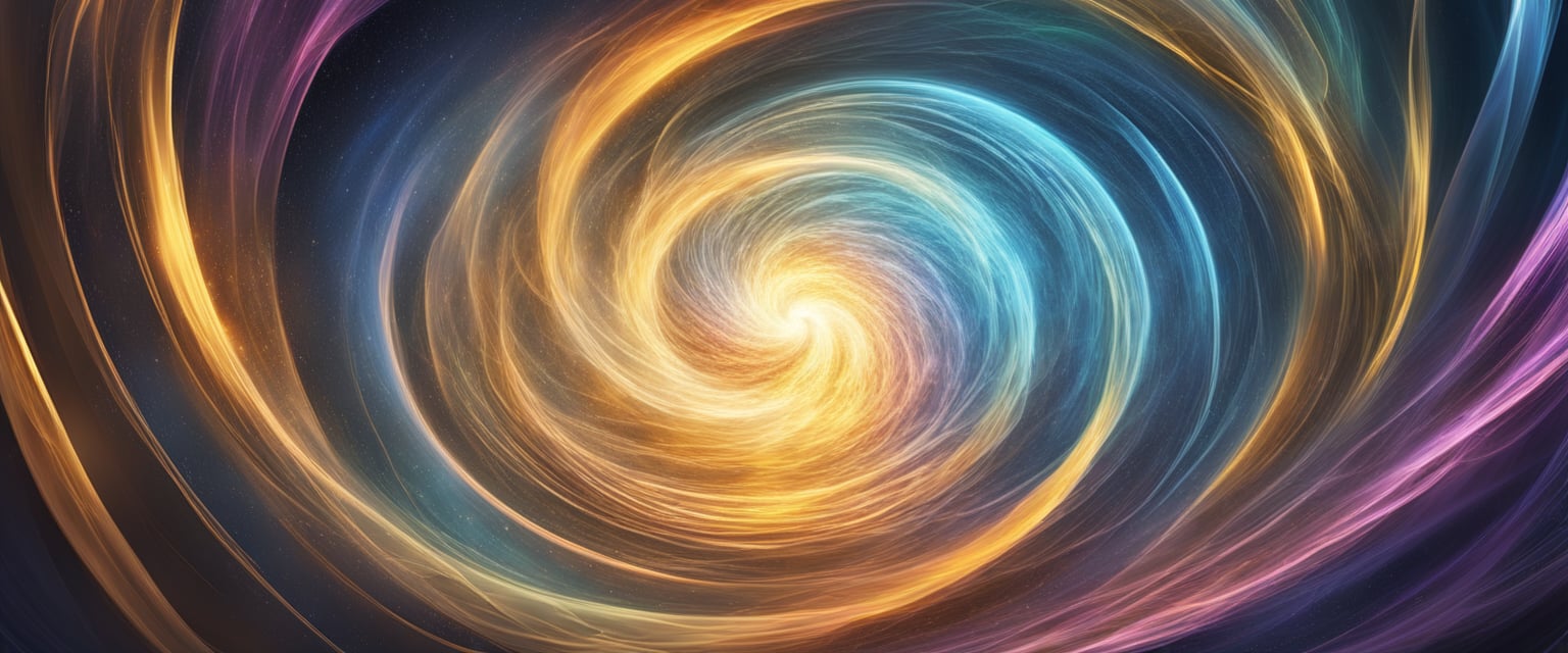 A swirling vortex of energy radiates from a central point, surrounded by pulsating waves of light and color