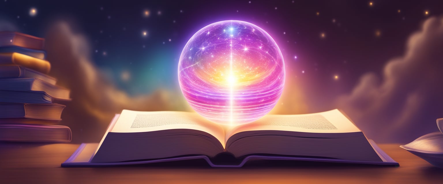 A glowing orb of energy hovers above a book titled "Personal Development and Quantum Manifestation," emitting waves of light and color