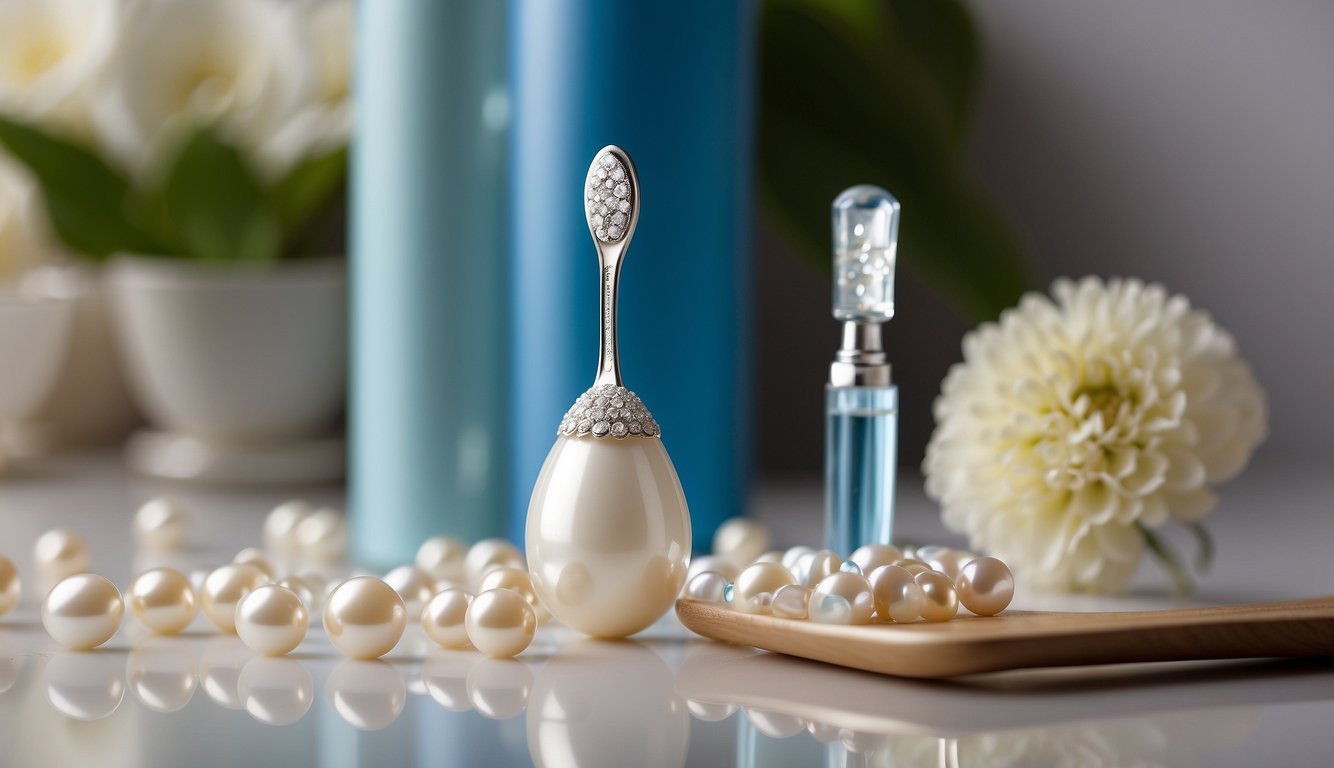A sparkling tube of Pearl Drops toothpaste stands next to a gleaming toothbrush, surrounded by radiant smiles and shining pearls