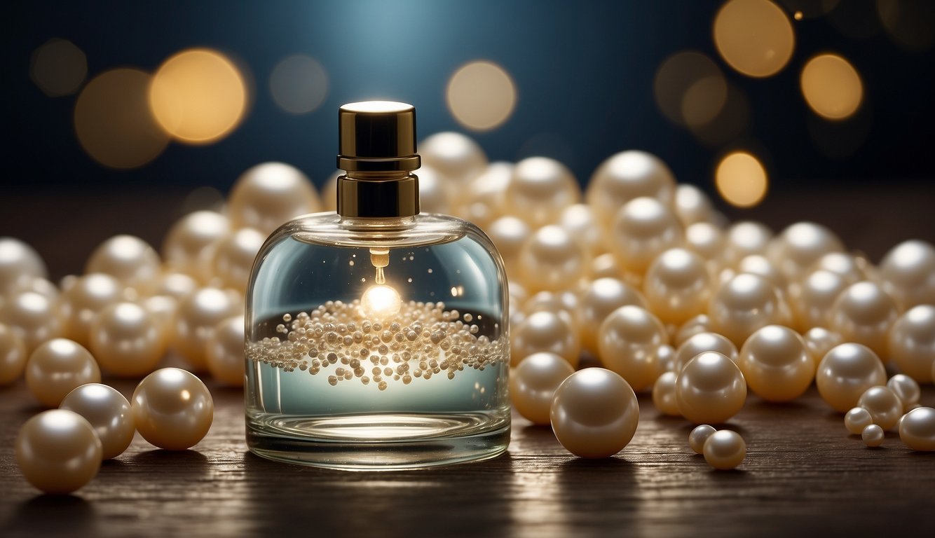 A bottle of pearl drops surrounded by glowing pearls, radiating a bright and luminous effect on the surrounding environment