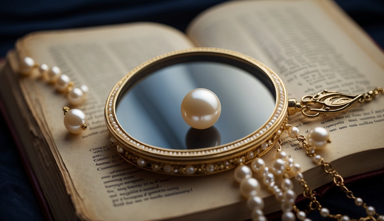 A pearl necklace lies on a velvet cushion, next to a magnifying glass and a notebook filled with notes